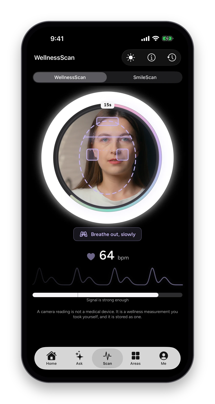 The WellnessScan measuring heart rate and breathing off the front camera.