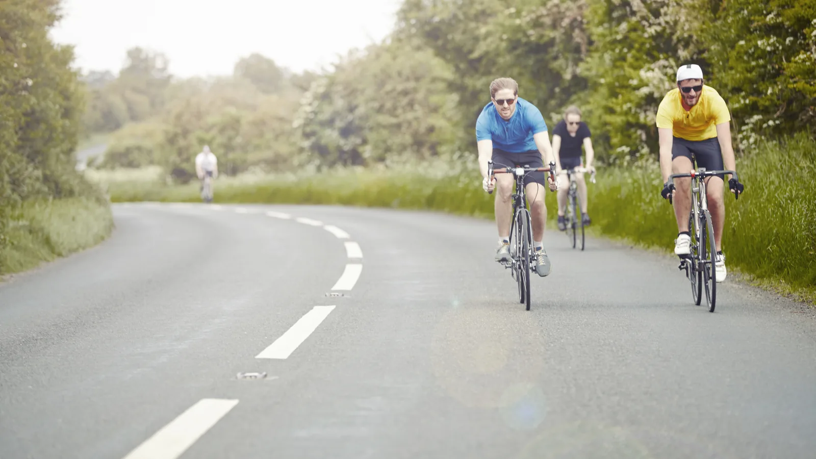 Three cyclists riding at an easy pace along a sunny country road lined with trees.