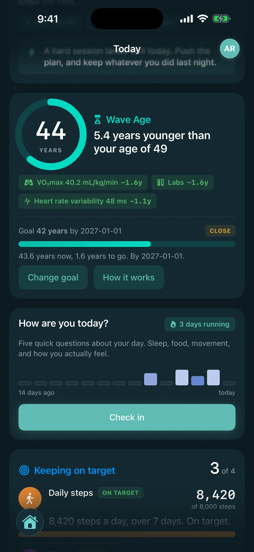 Today, scrolled: the keeping-on-target list with steps, sleep and workouts a week.